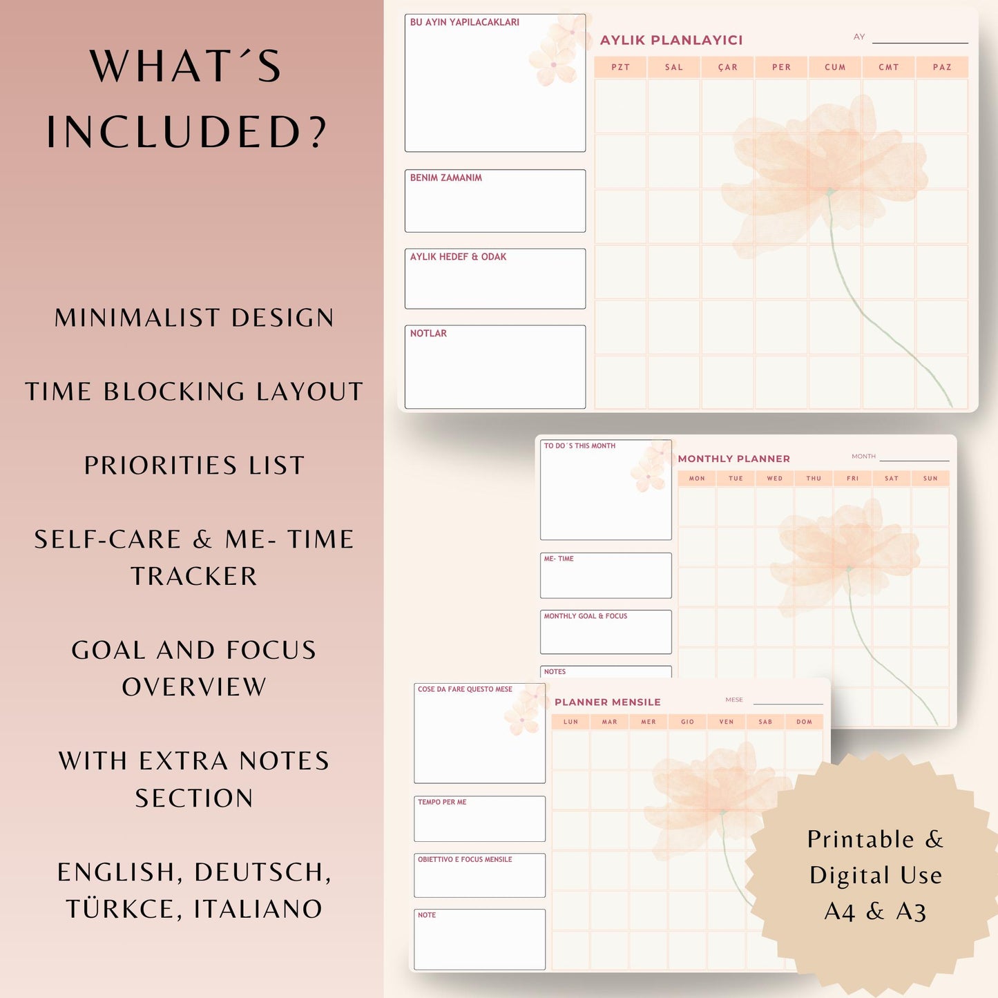 Minimalist Monthly Planner | Digital & Printable | Monthly Calendar A4 and A3 | PDF Download | 4 Languages