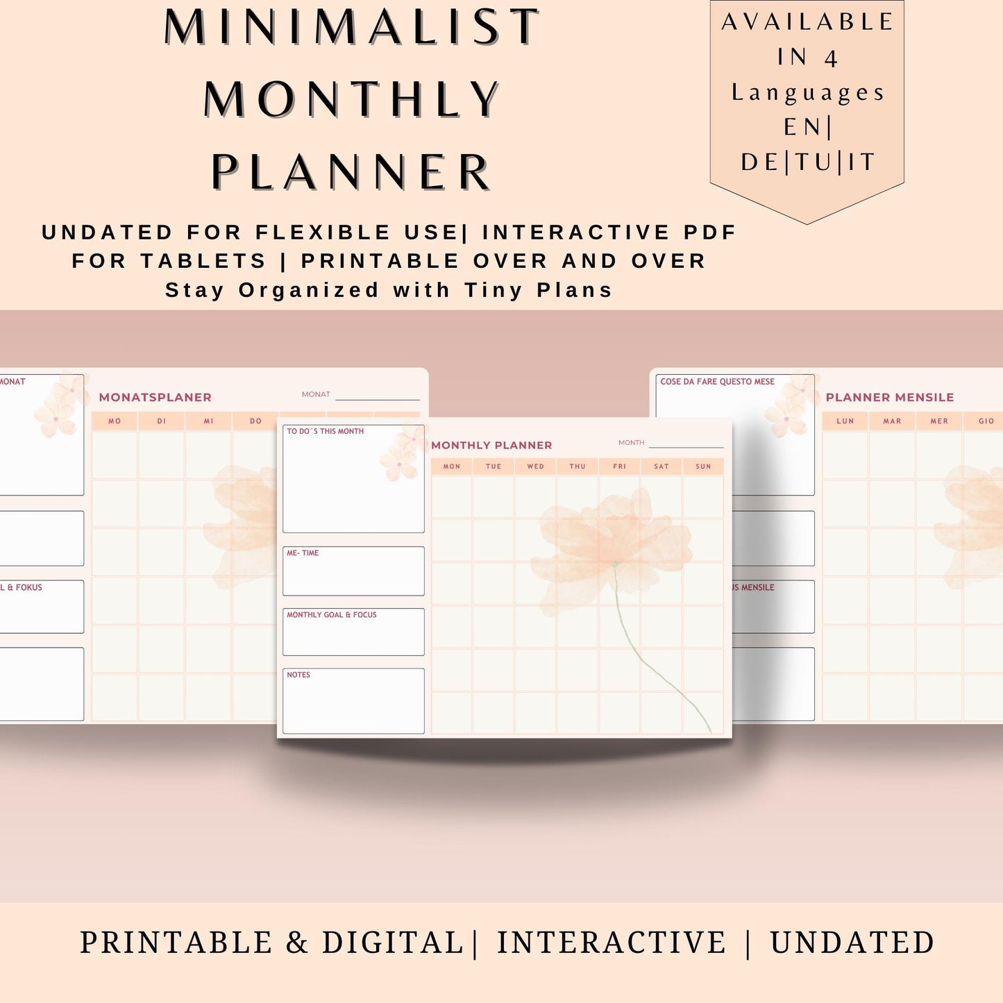 Minimalist Monthly Planner | Digital & Printable | Monthly Calendar A4 and A3 | PDF Download | 4 Languages