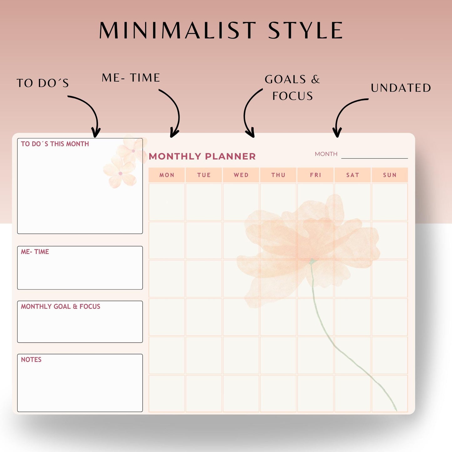 Minimalist Monthly Planner | Digital & Printable | Monthly Calendar A4 and A3 | PDF Download | 4 Languages